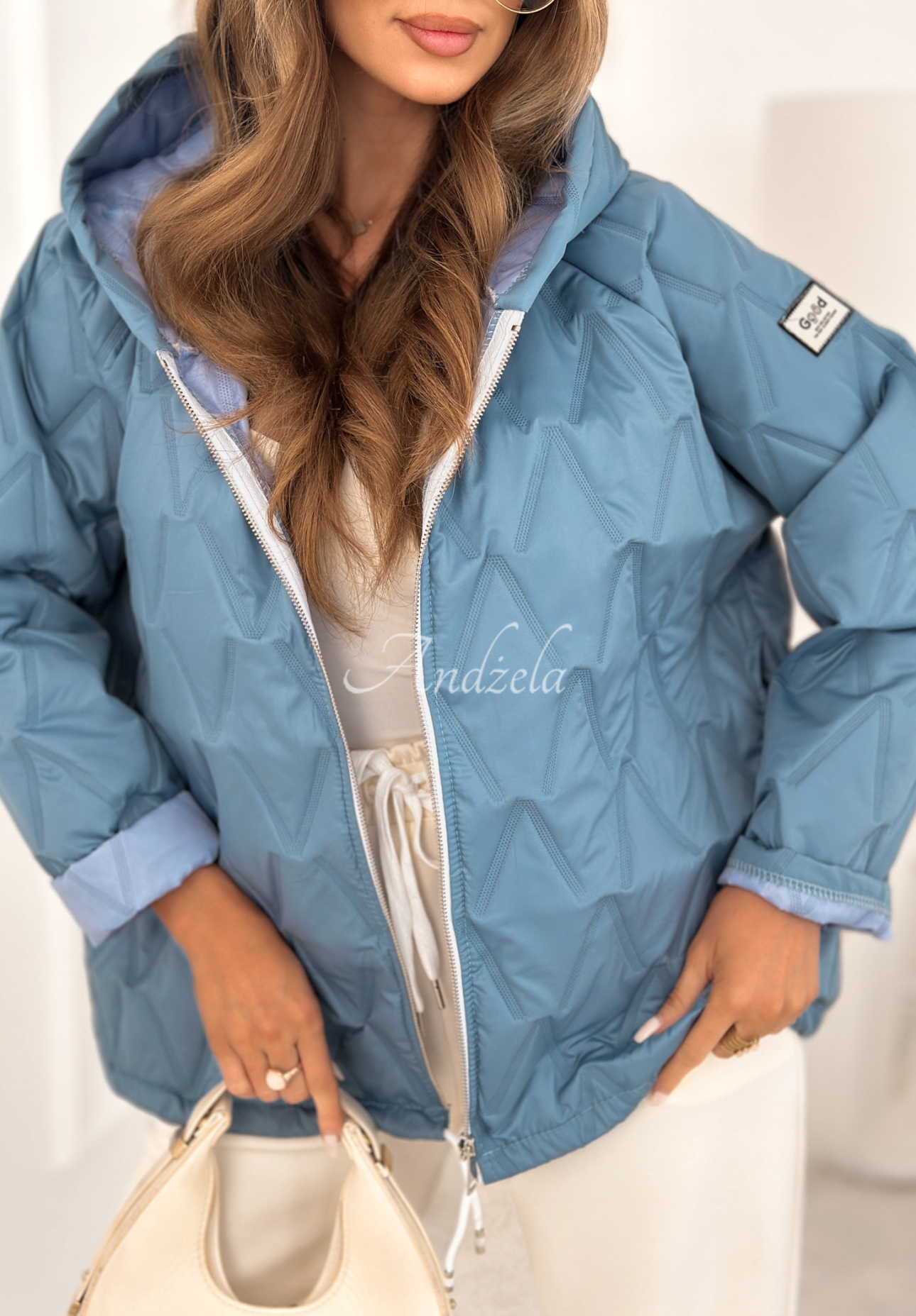 Springtime Starts short quilted jacket with hood, sky blue