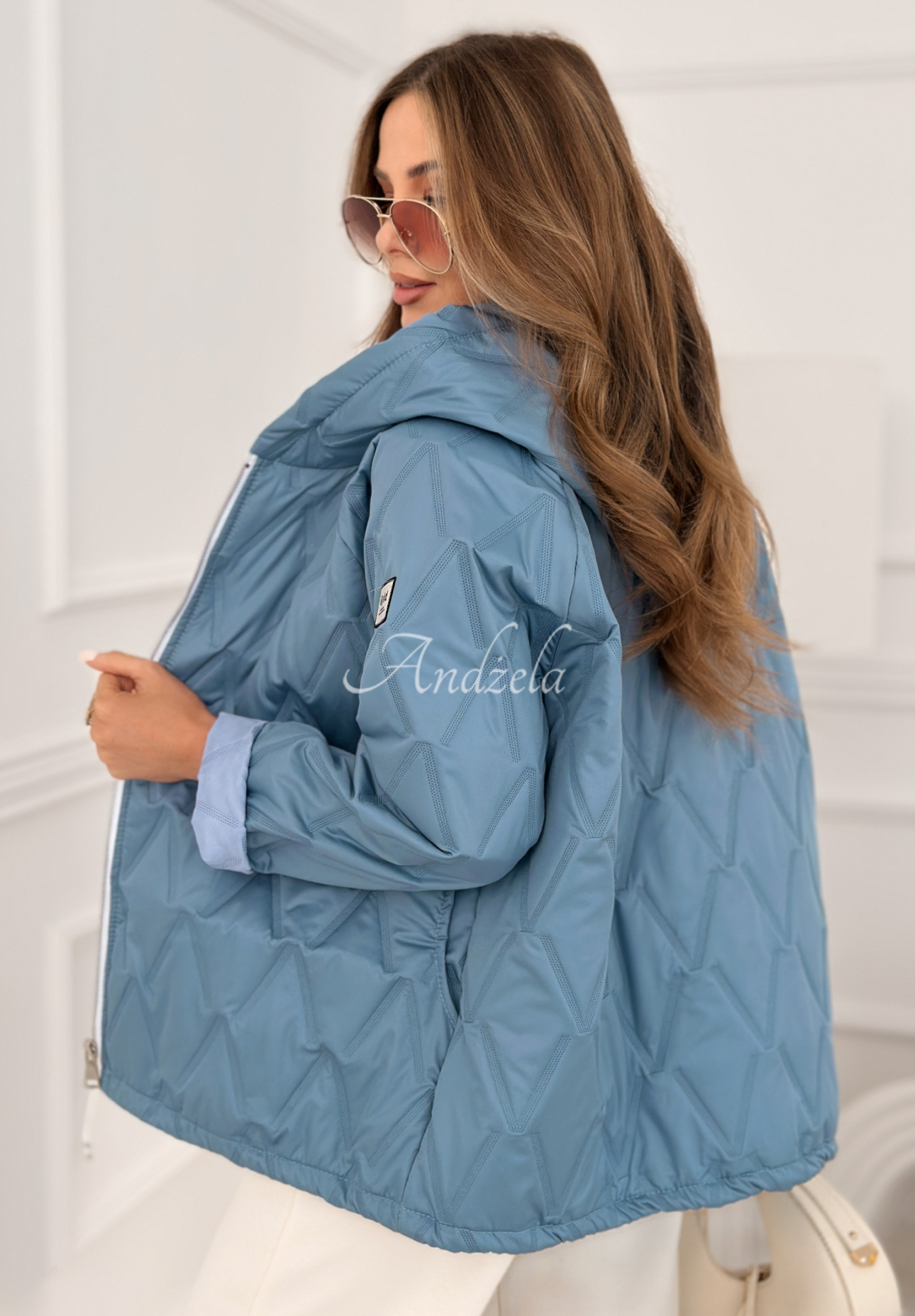 Springtime Starts short quilted jacket with hood, sky blue
