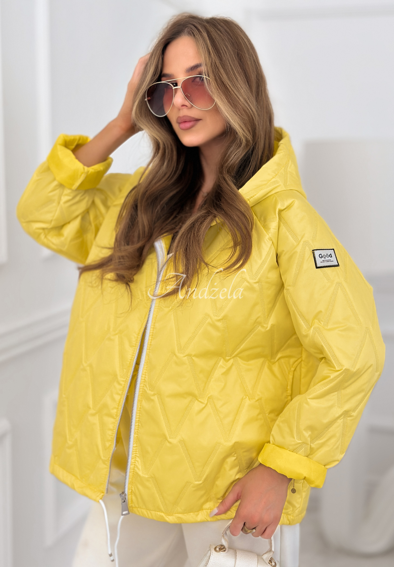 Springtime Starts short quilted jacket with hood, yellow