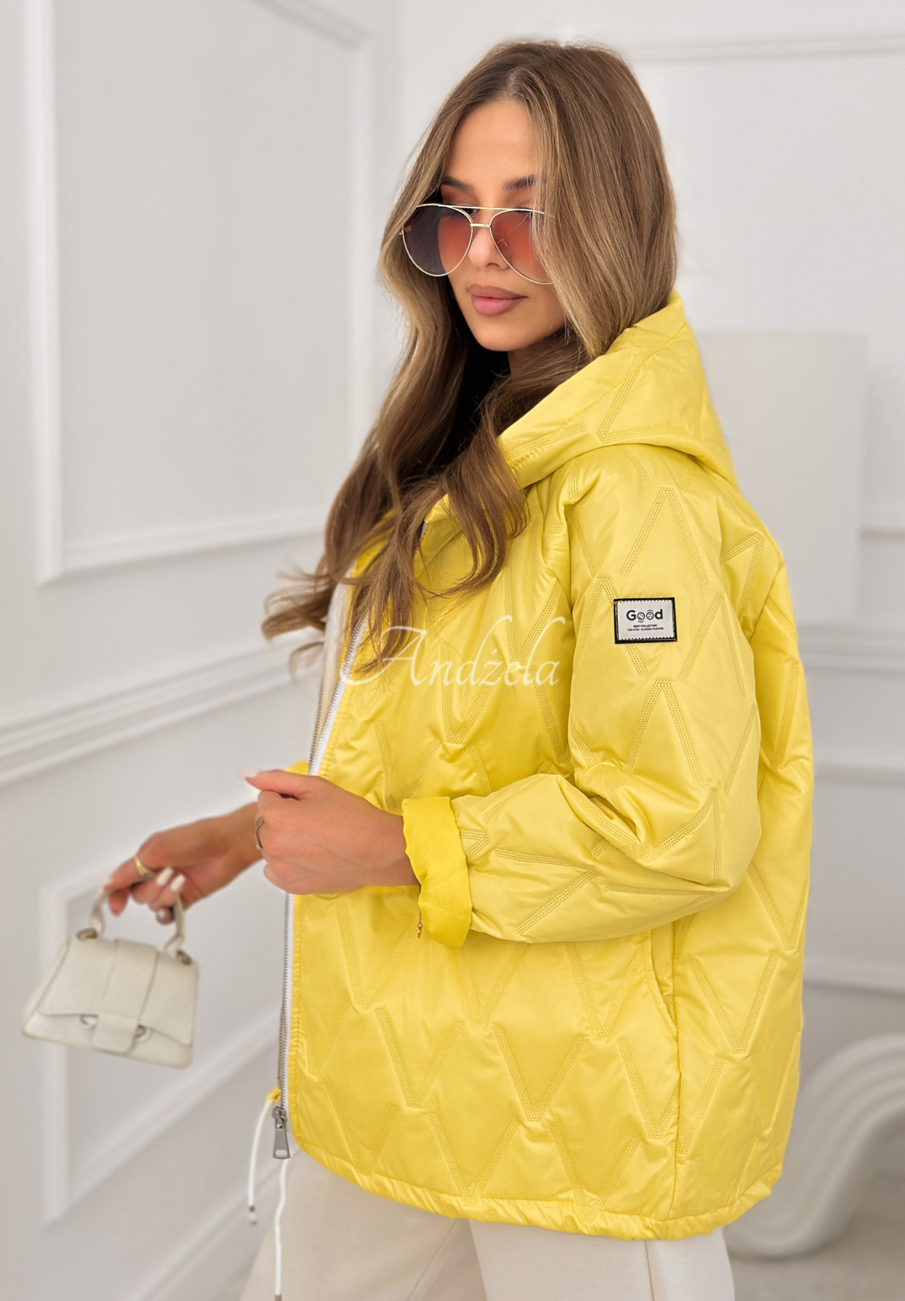 Springtime Starts short quilted jacket with hood, yellow
