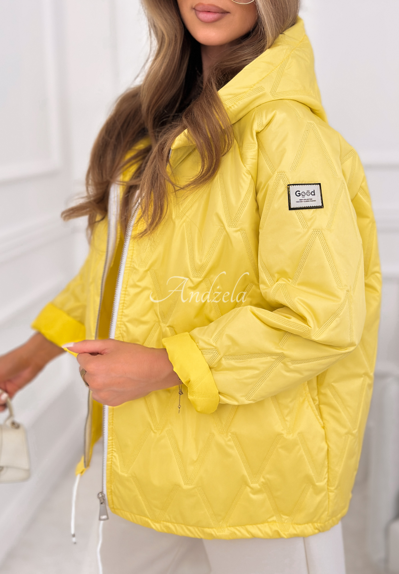 Springtime Starts short quilted jacket with hood, yellow