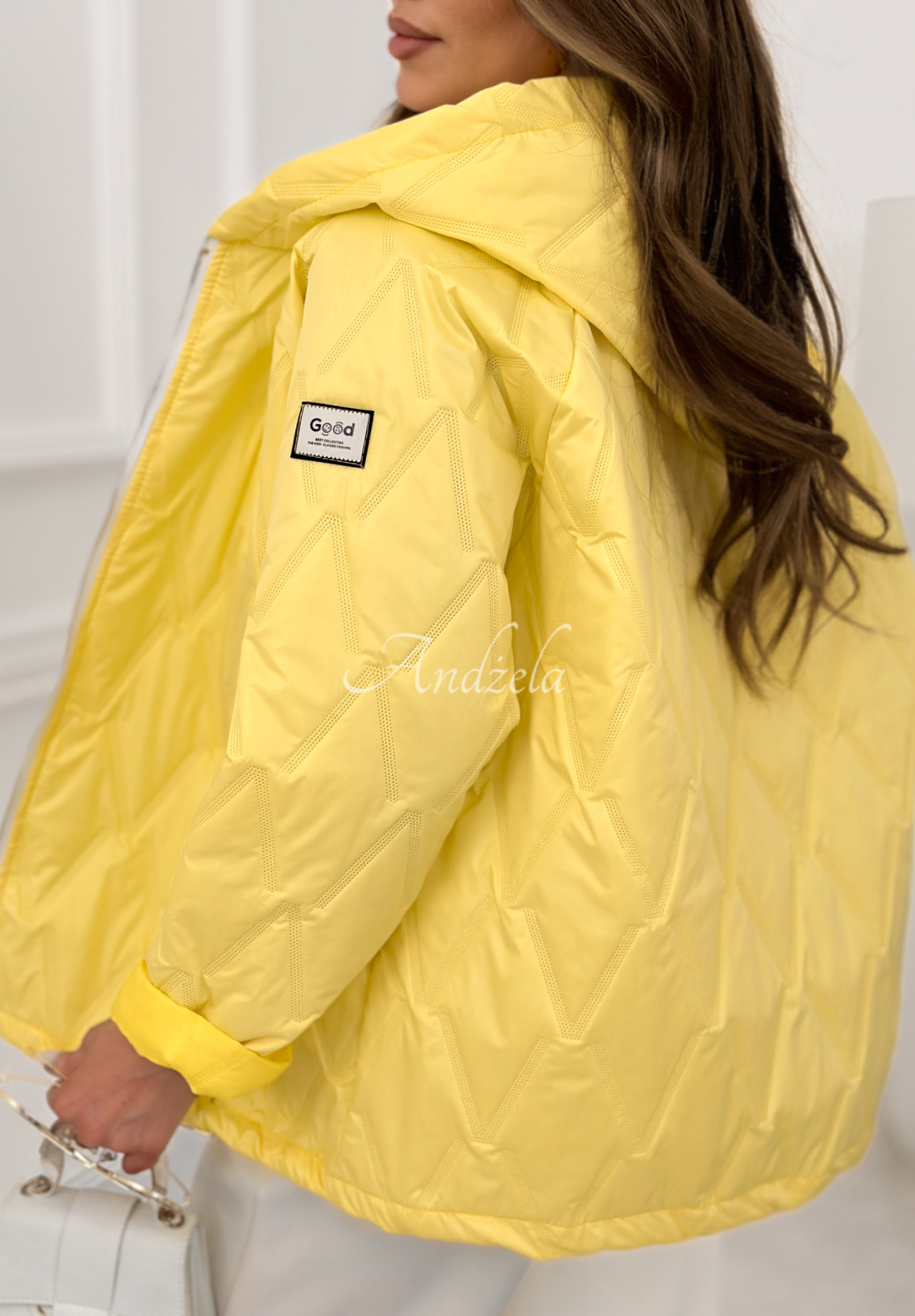 Springtime Starts short quilted jacket with hood, yellow