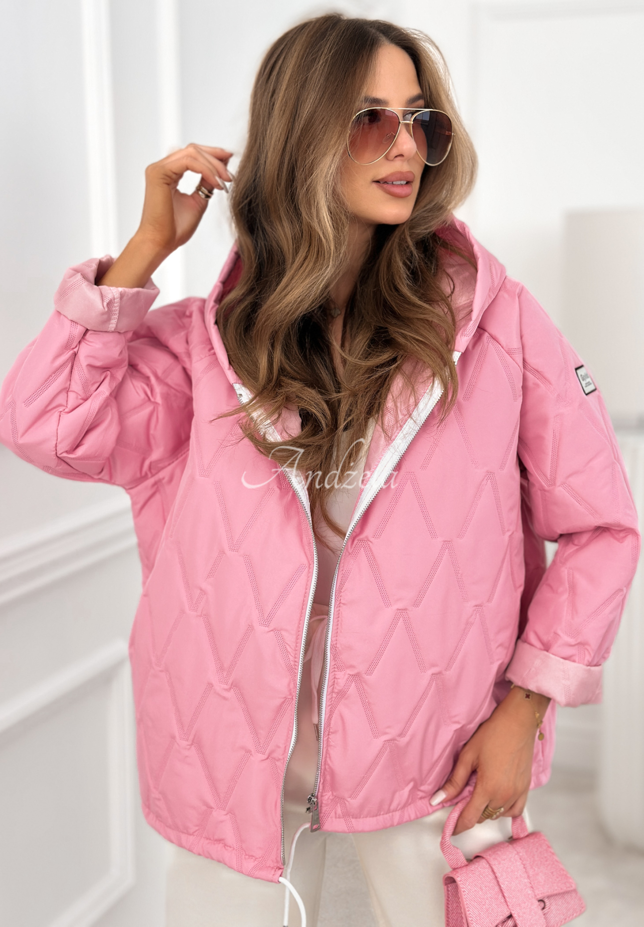 Springtime Starts short quilted jacket with hood, pink