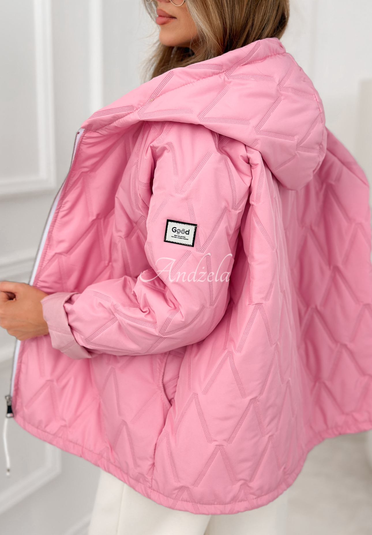 Springtime Starts short quilted jacket with hood, pink