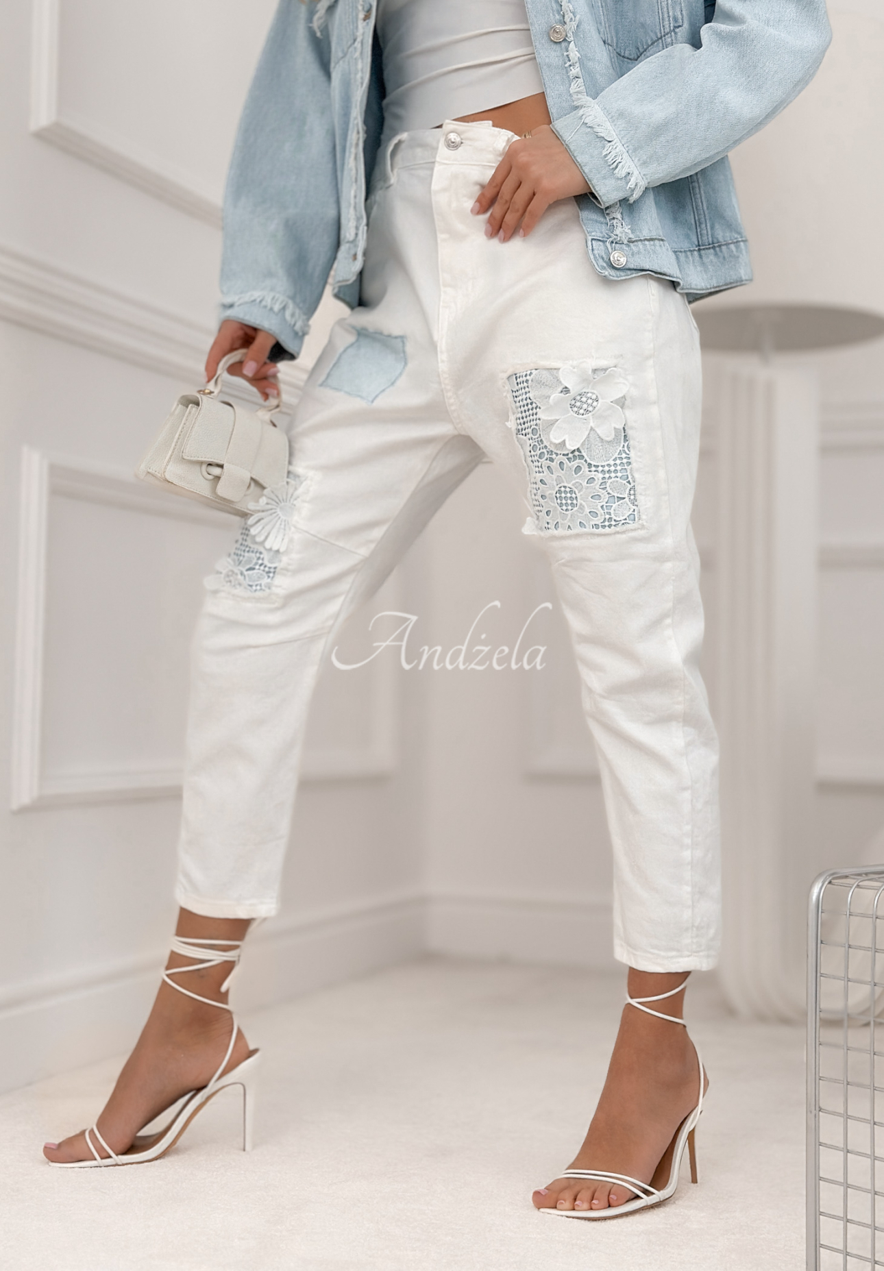 Mom fit jeans with Maybe In May patches, white
