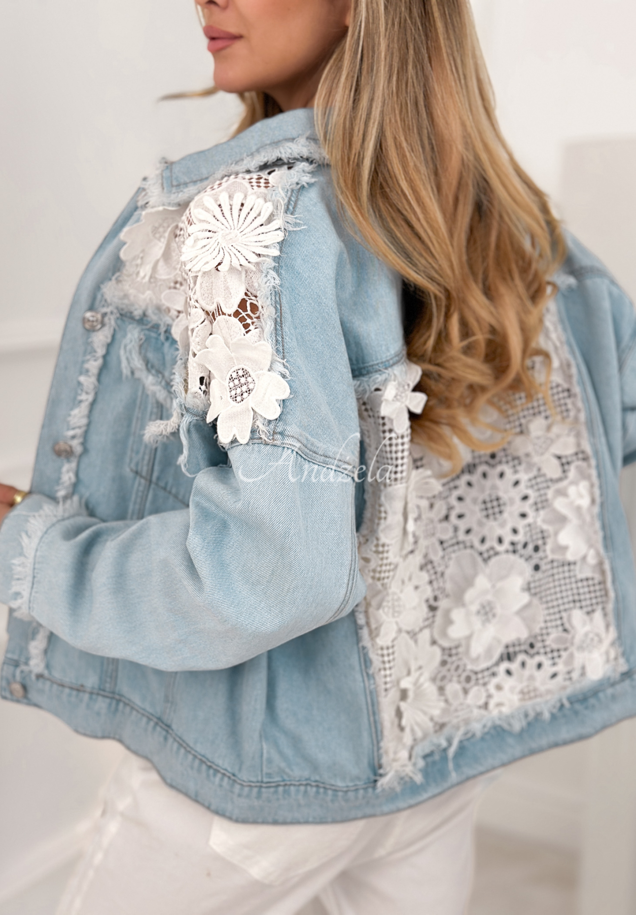 Covered In Flowers light blue denim jacket with lace