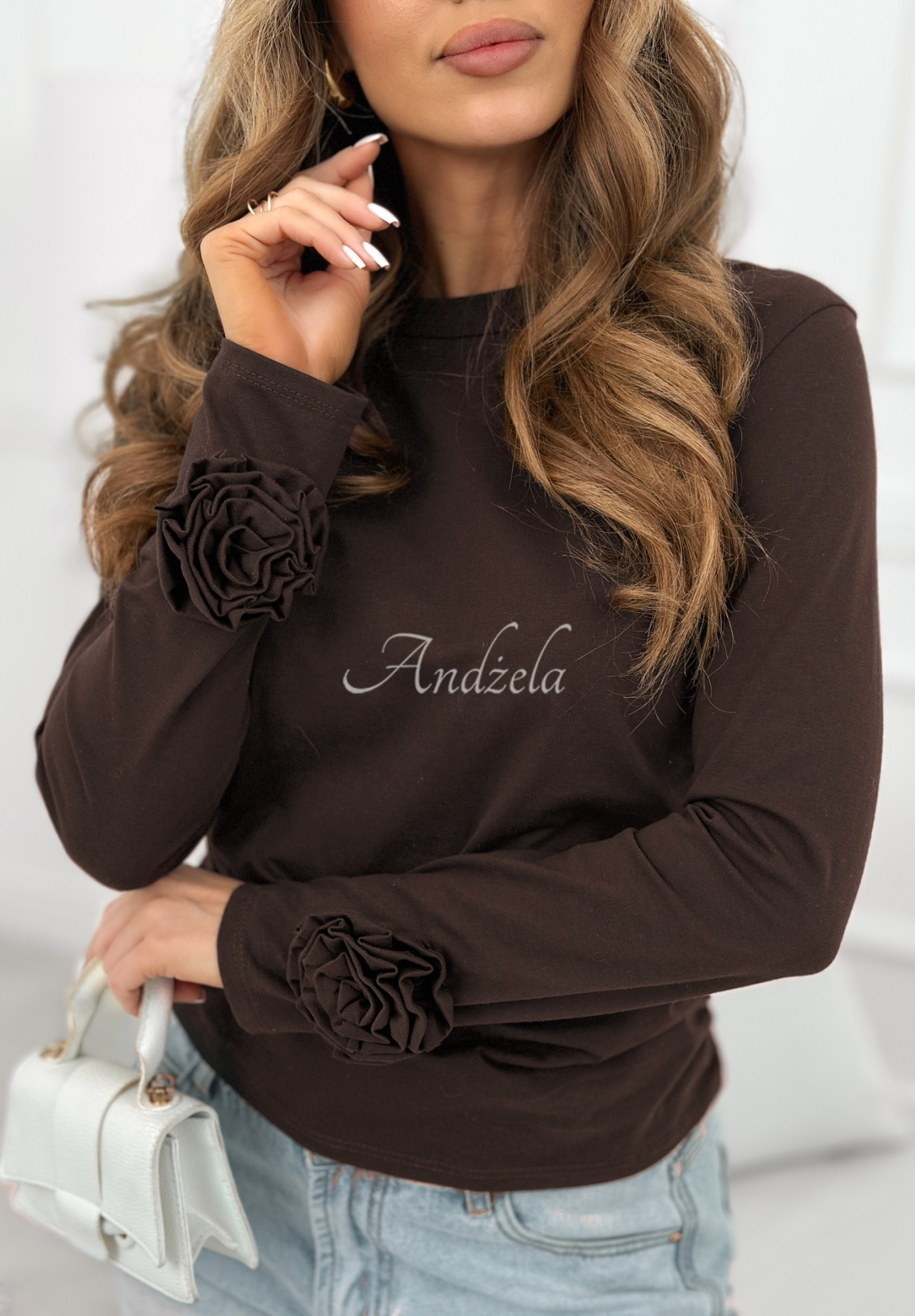 Bawełniana bluzka z różami Come With Me czekoladowa