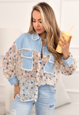 New Melody blue and white denim shirt with lace