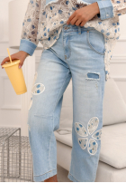 Spodnie jeansowe mom fit z haftami Flowery Gifts jasnoniebieskie