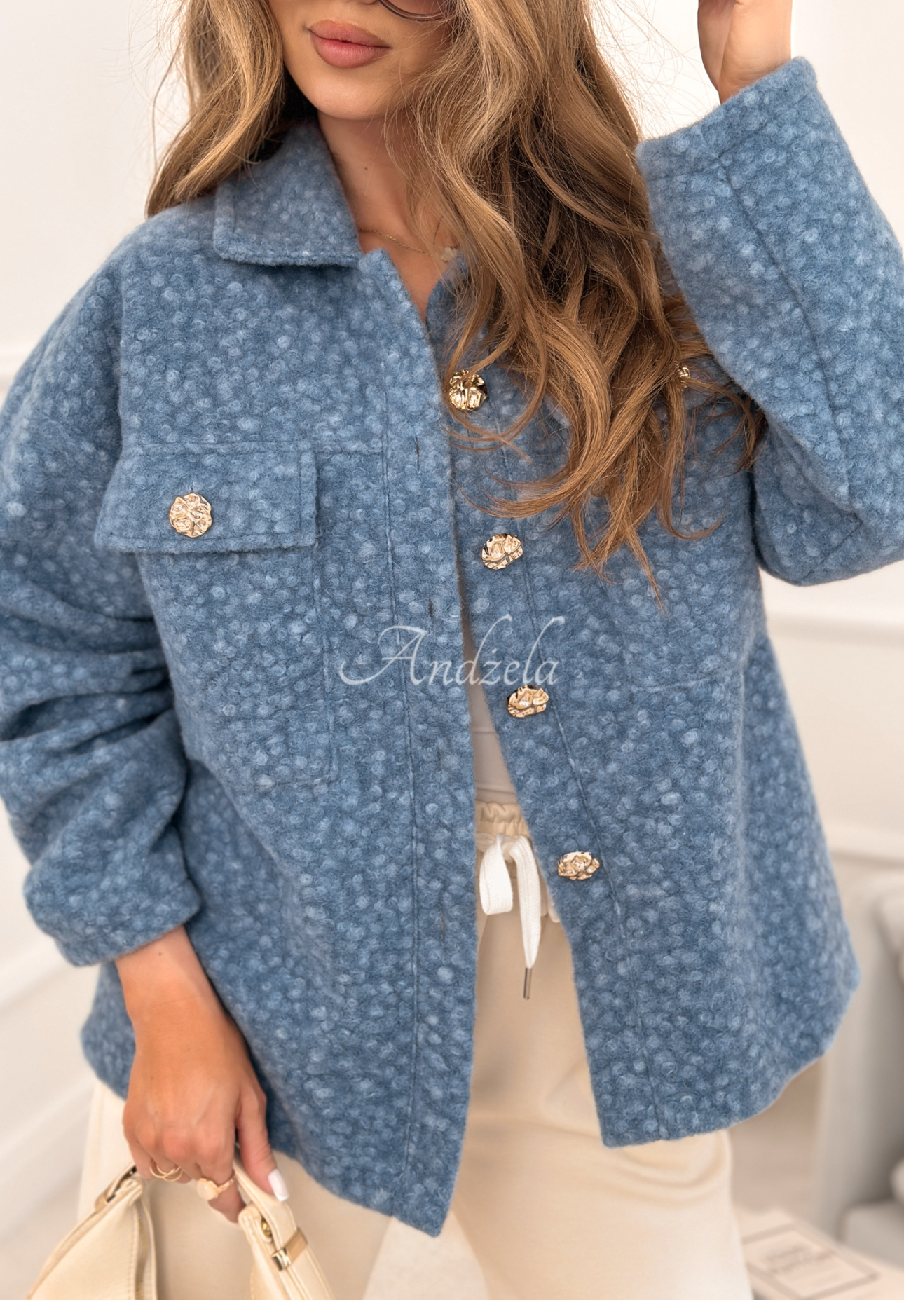 Warming Up short bouclé sheepskin jacket, blue
