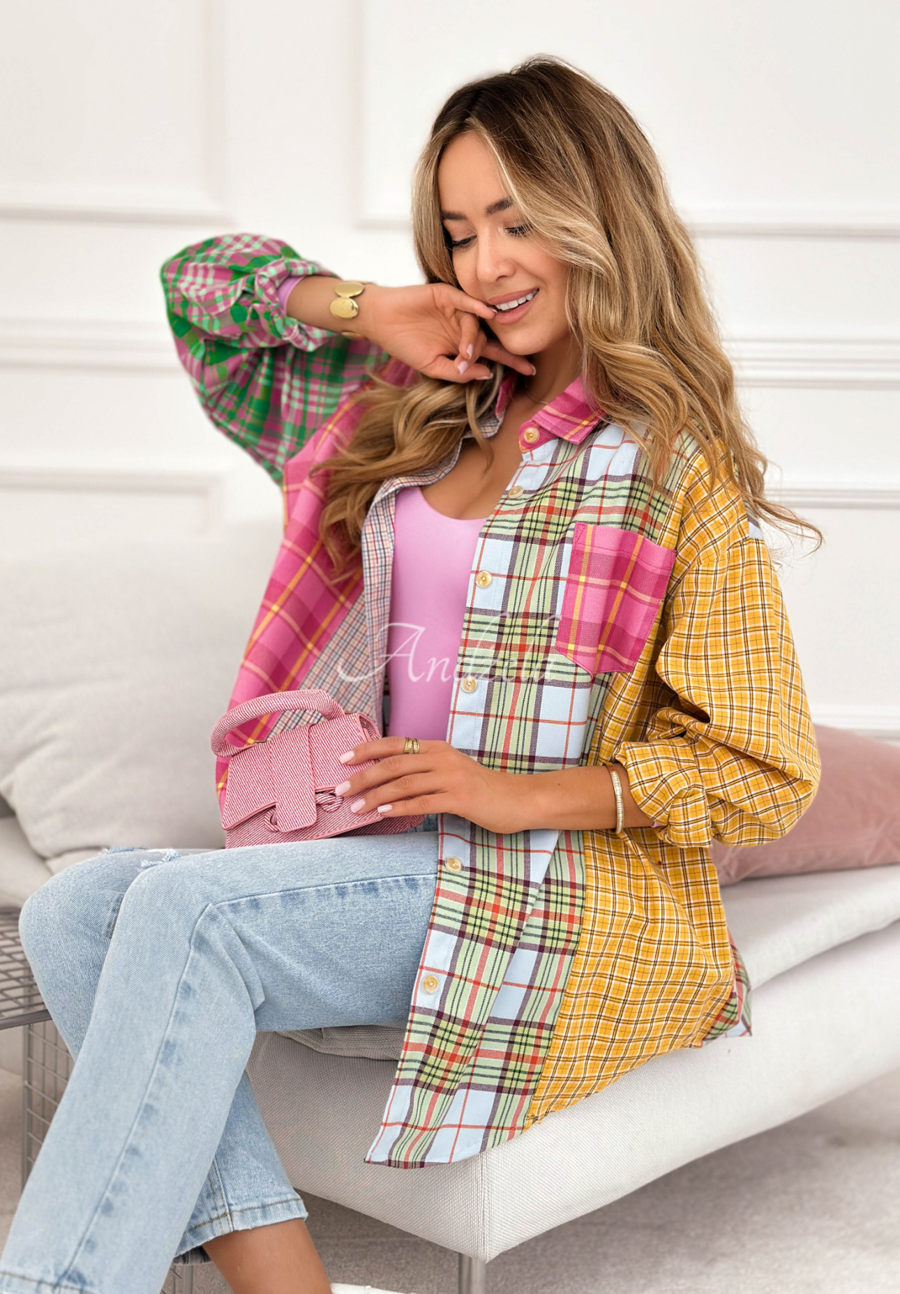 Little Rock oversized yellow and pink plaid shirt