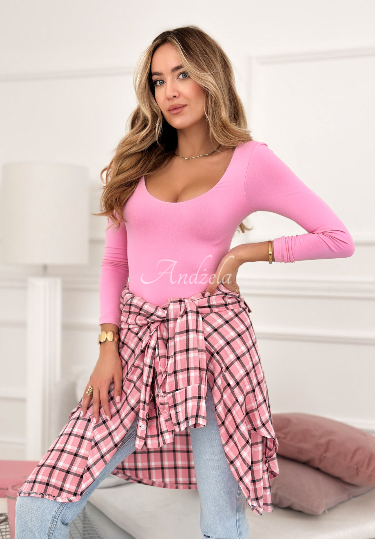 Defined By You pink viscose check shirt