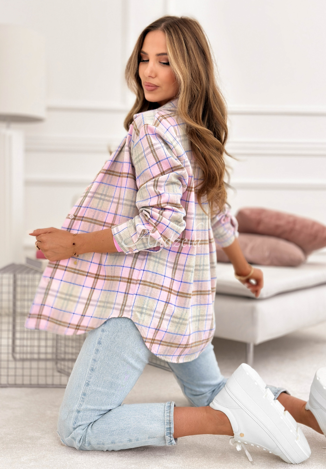 Before I Forget powder pink cotton plaid shirt