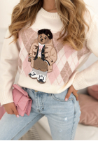 Sweter w romby z misiem Lady Bear ecru