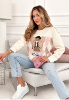Sweter w romby z misiem Lady Bear ecru