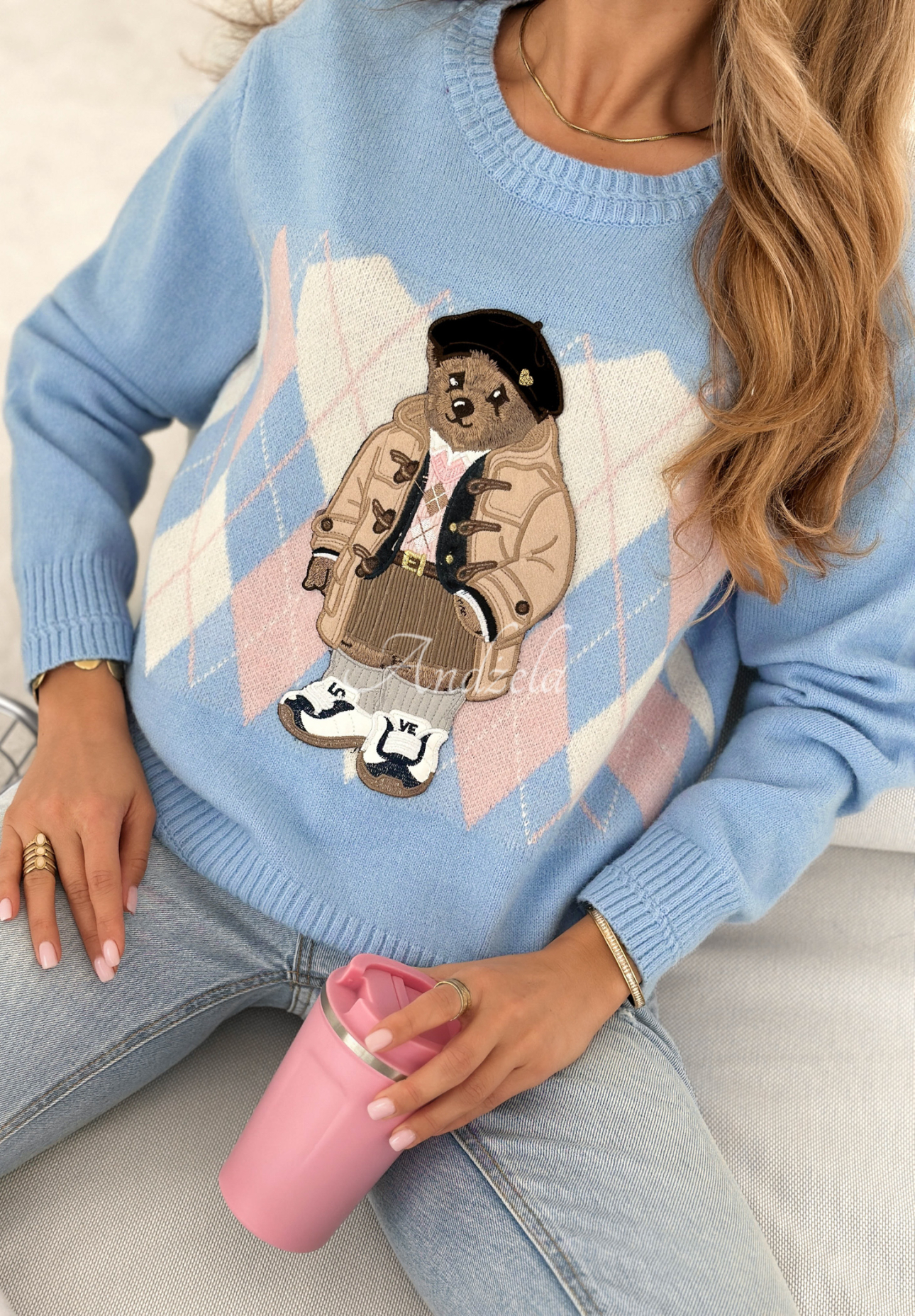 Viscose sweater with diamond pattern and Lady Bear teddy bear, sky blue