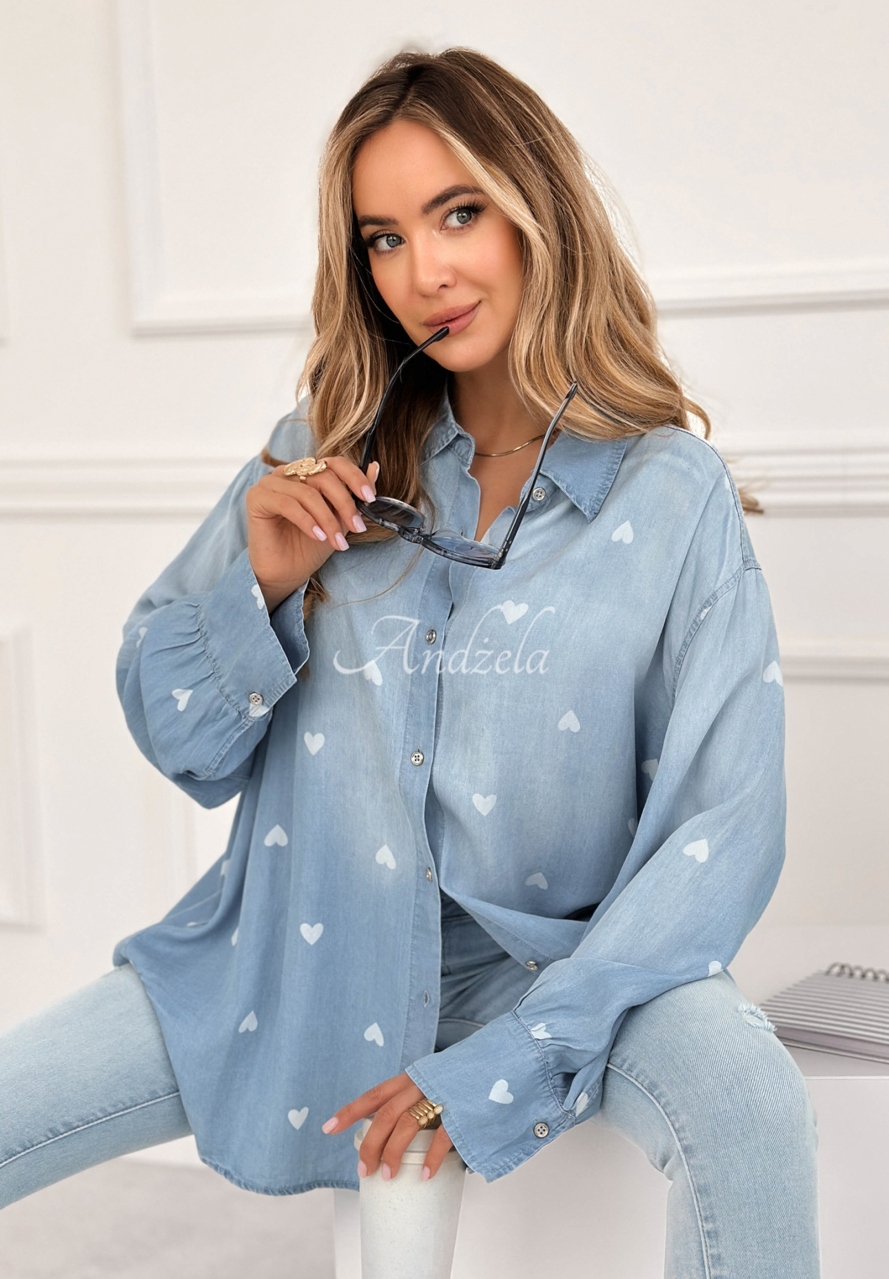 Sweet Little Hearts light blue denim shirt with hearts