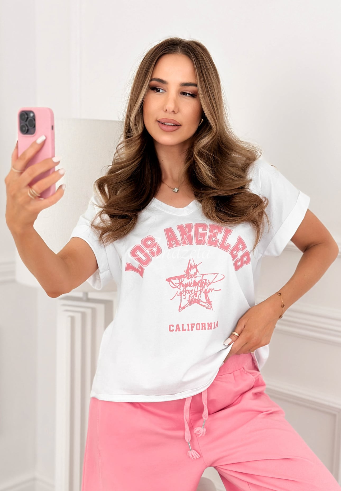 LA California Star cotton T-shirt, white and pink