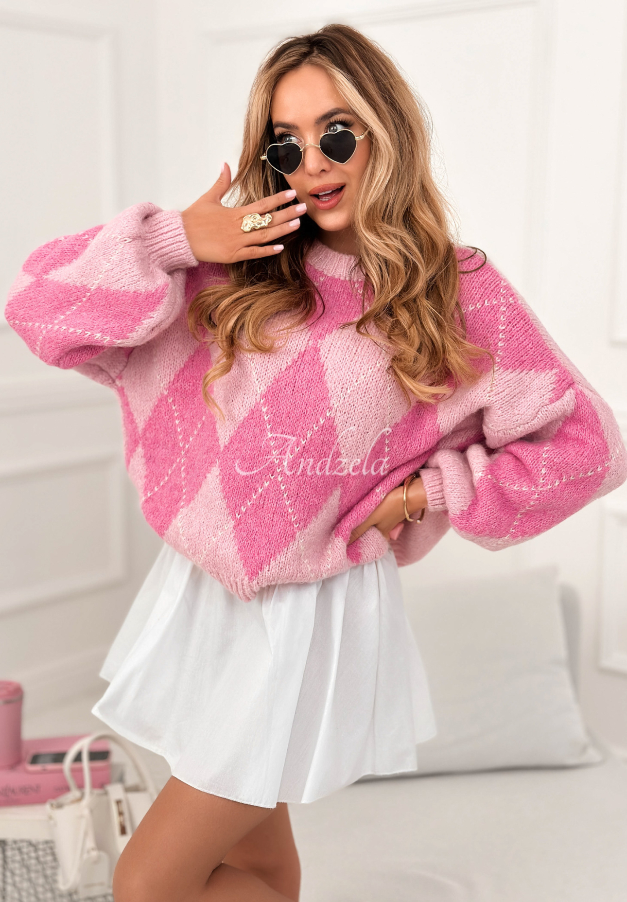 Soft diamond-patterned sweater with wool and viscose Strawberry Smoothie pink