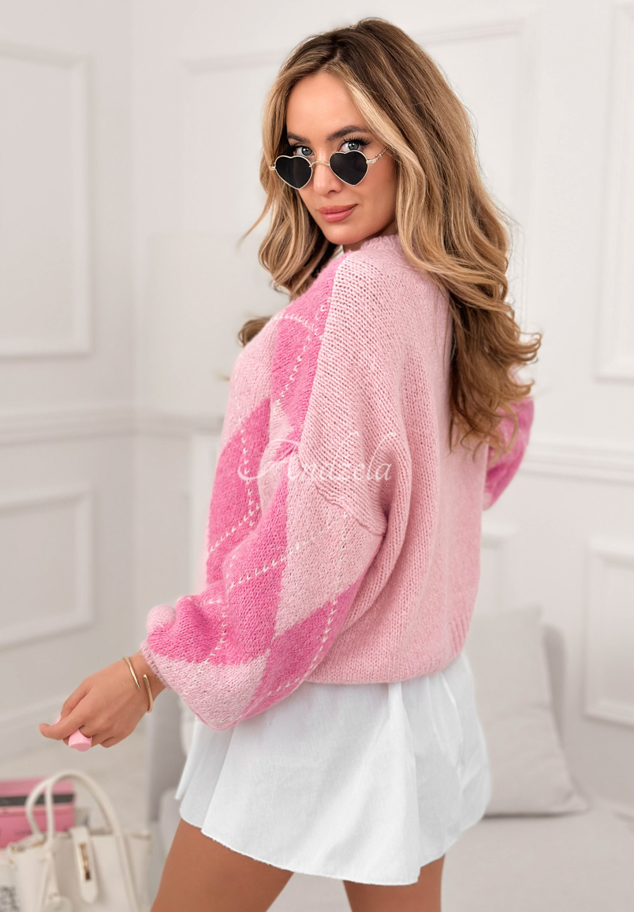 Soft diamond-patterned sweater with wool and viscose Strawberry Smoothie pink