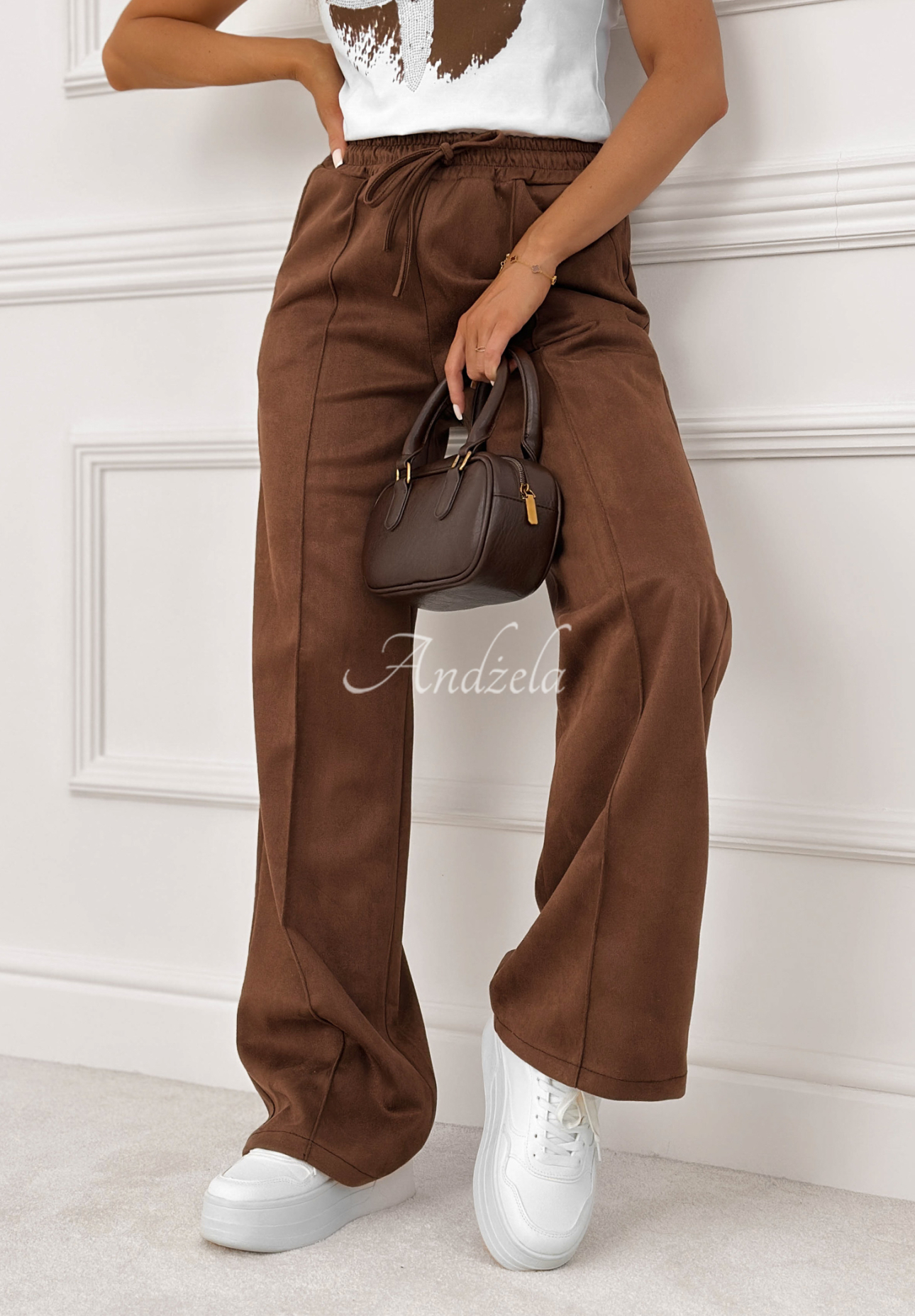 Modern Authority chocolate brown suede straight-leg pants with elastic waistband