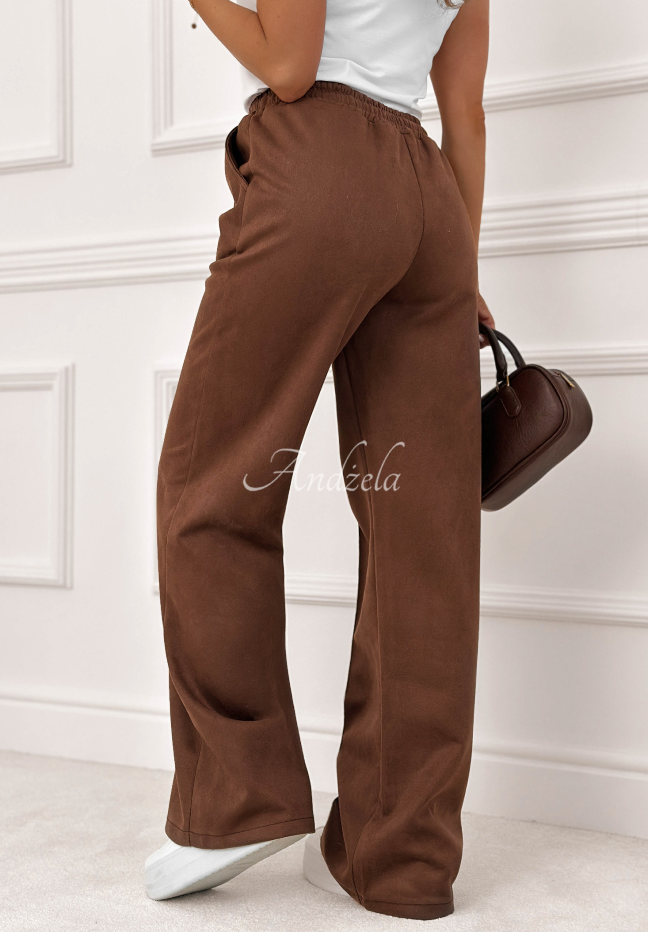 Modern Authority chocolate brown suede straight-leg pants with elastic waistband