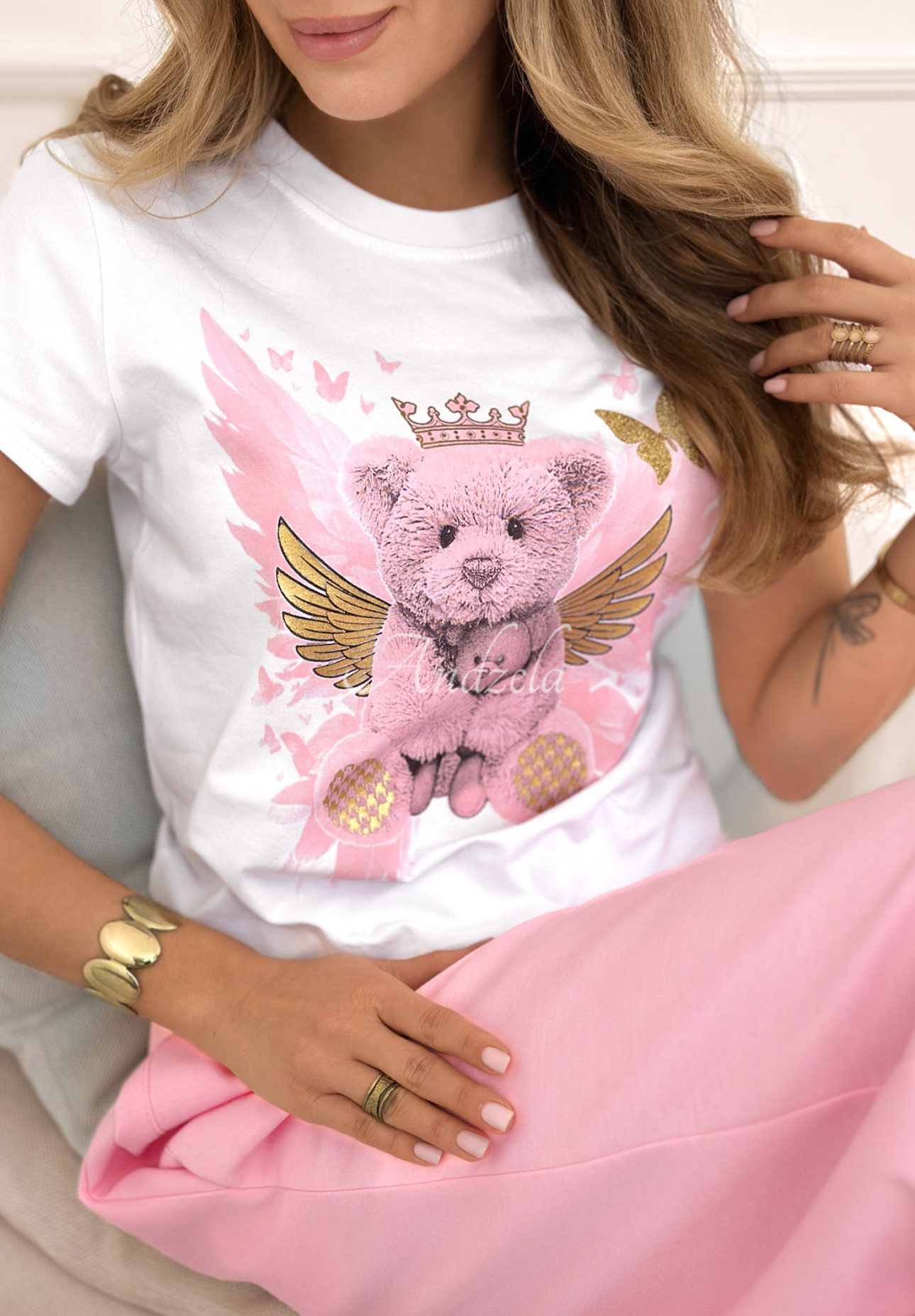 Bawełniany T-shirt z nadrukiem Angel Bear biało-różowy
