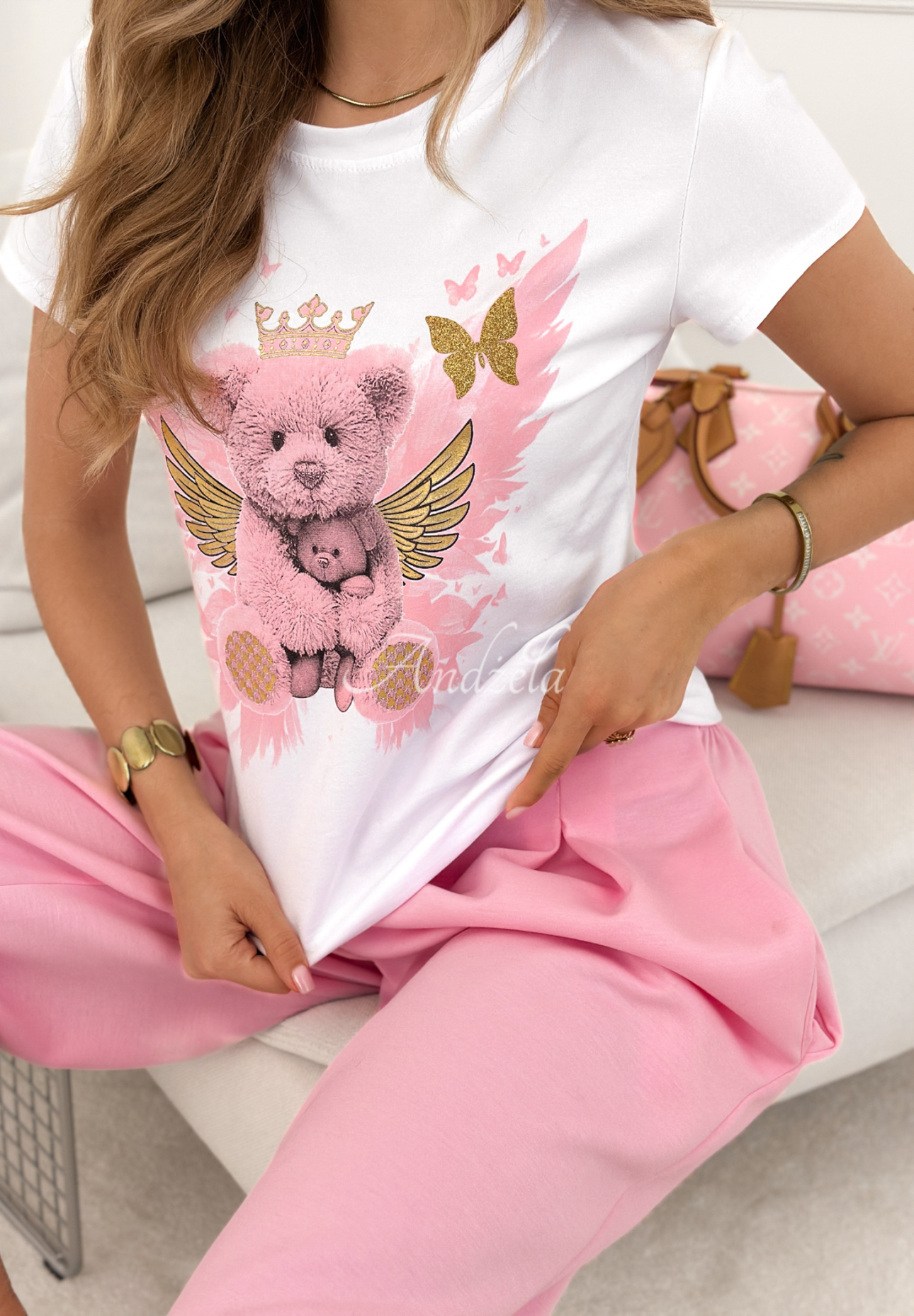Bawełniany T-shirt z nadrukiem Angel Bear biało-różowy