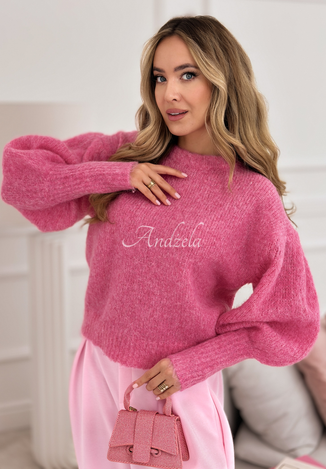 Soft sweater with puff sleeves and Colorful Clouds wool, pink