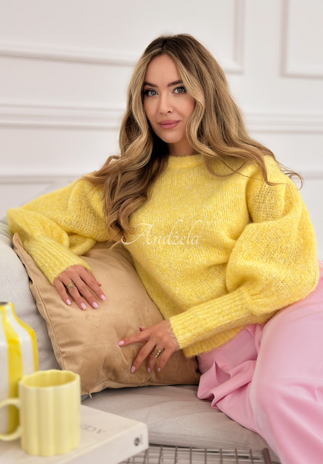 Soft sweater with puff sleeves and Colorful Clouds wool, yellow