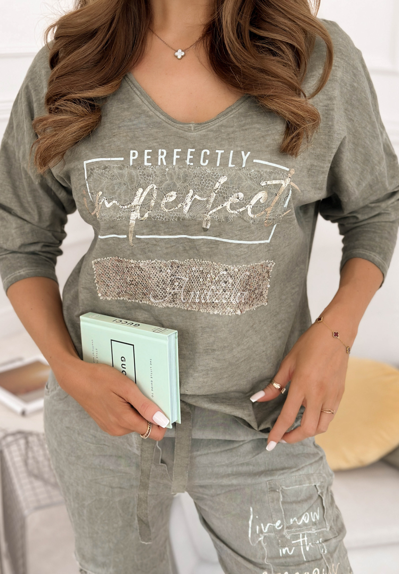 Cotton blouse with sequins and Perfectly Imperfect print in khaki