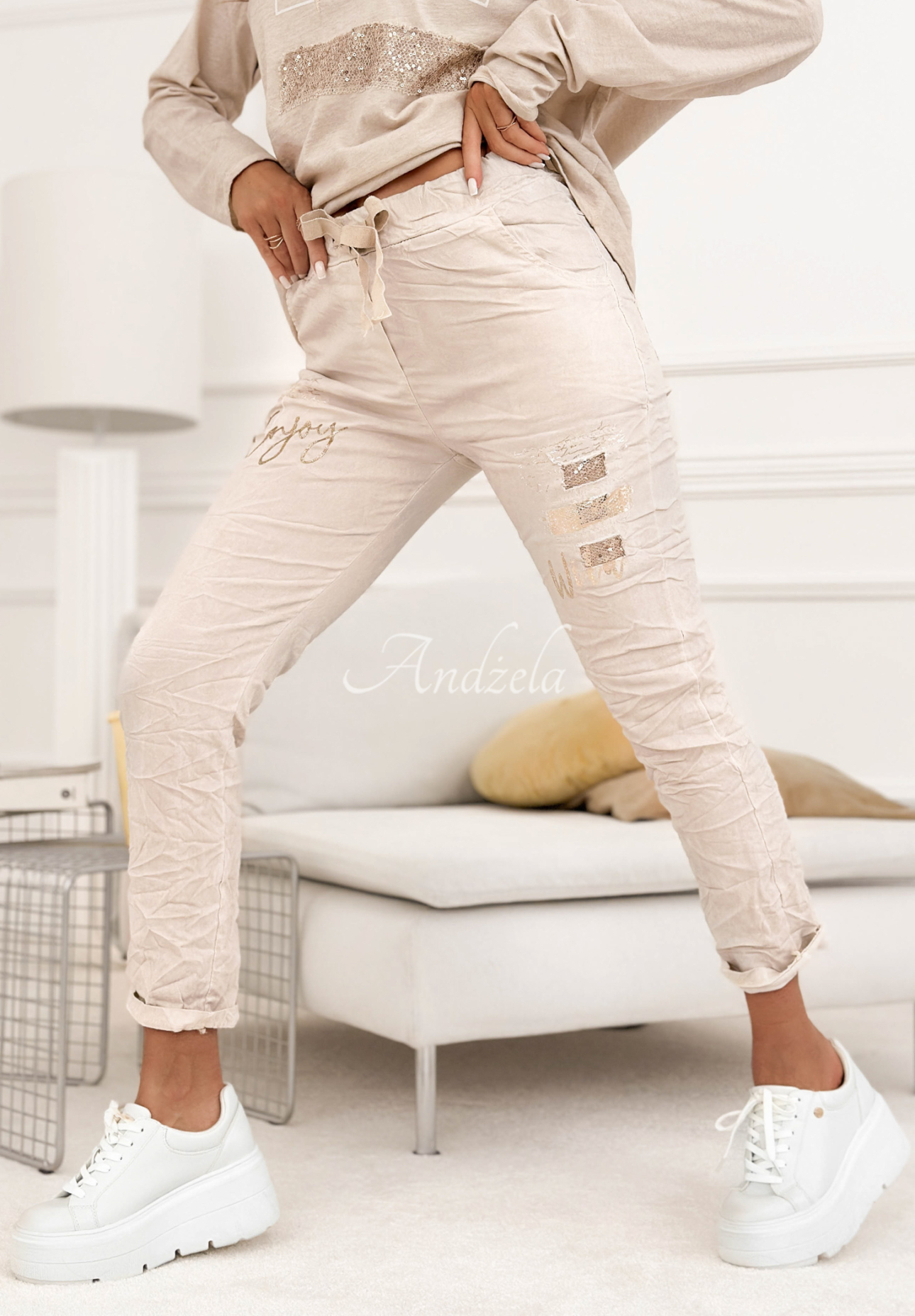 Perfectly Imperfect beige viscose fabric pants with sequins