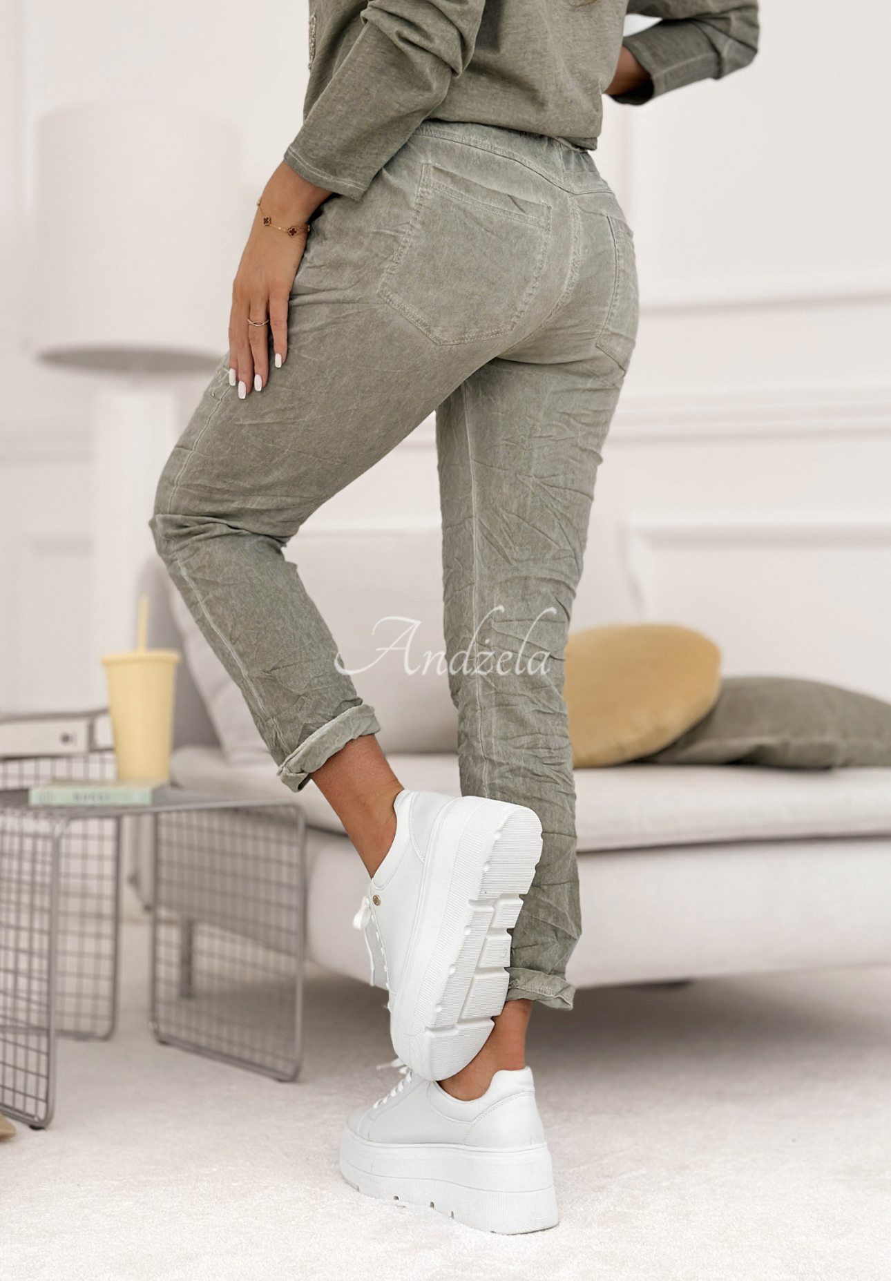 Perfectly Imperfect khaki viscose fabric pants with sequins