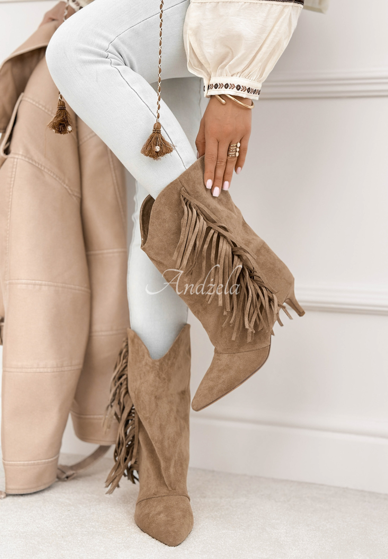 With Every Step beige suede stiletto ankle boots with tassels