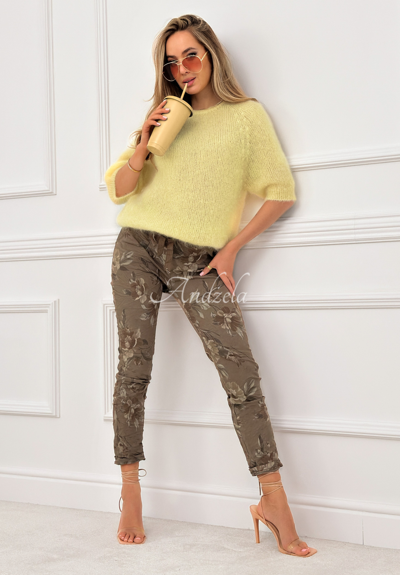 Every Flower mocha floral viscose fabric pants