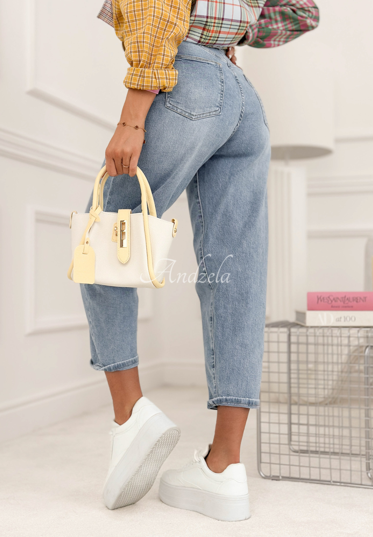 Mom fit jeans with I Said Enough belt, blue