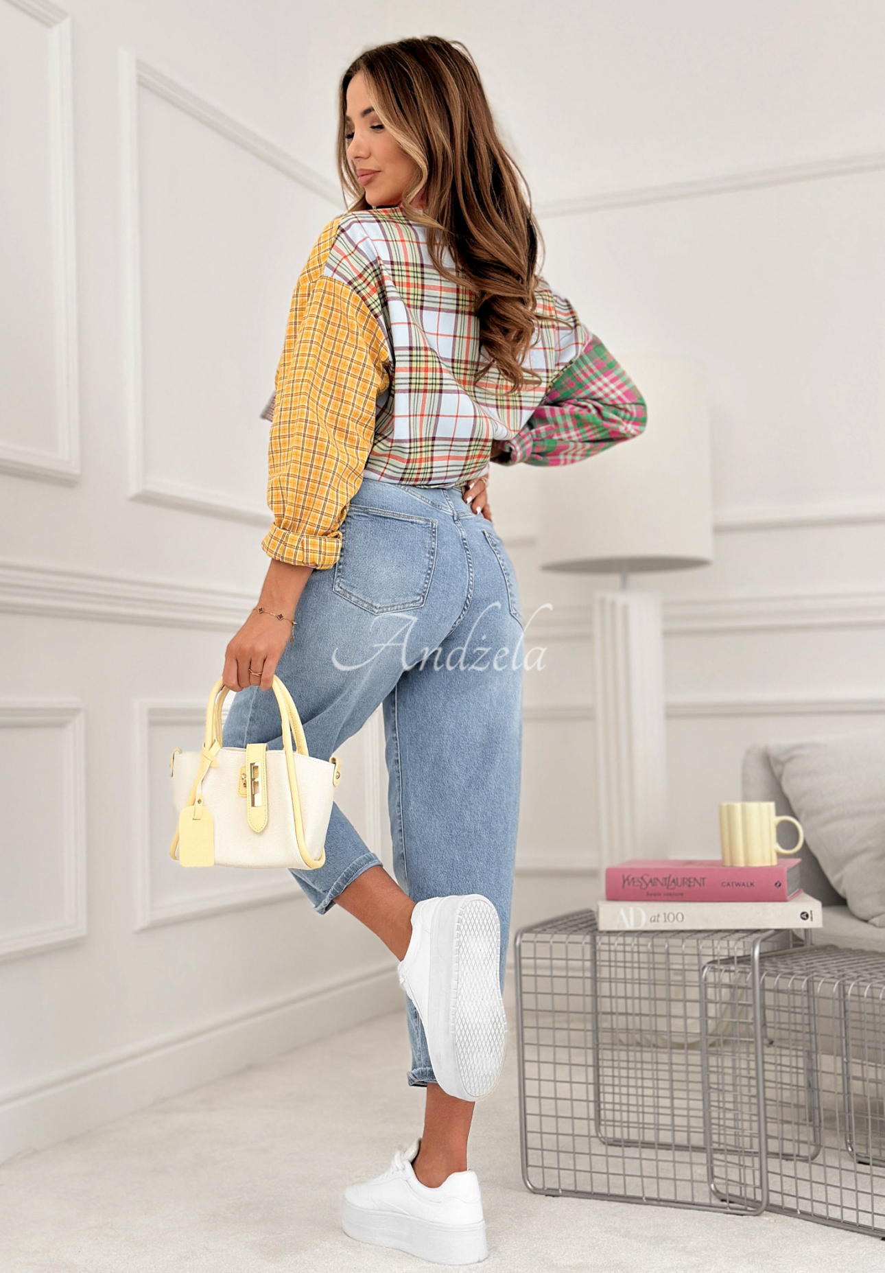 Mom fit jeans with I Said Enough belt, blue