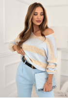 Sweter w paski z dekoltem Springtime Stripes beżowo-błękitny
