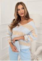 Sweter w paski z dekoltem Springtime Stripes beżowo-błękitny