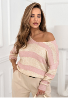 Sweter w paski z dekoltem Springtime Stripes beżowo-różowy