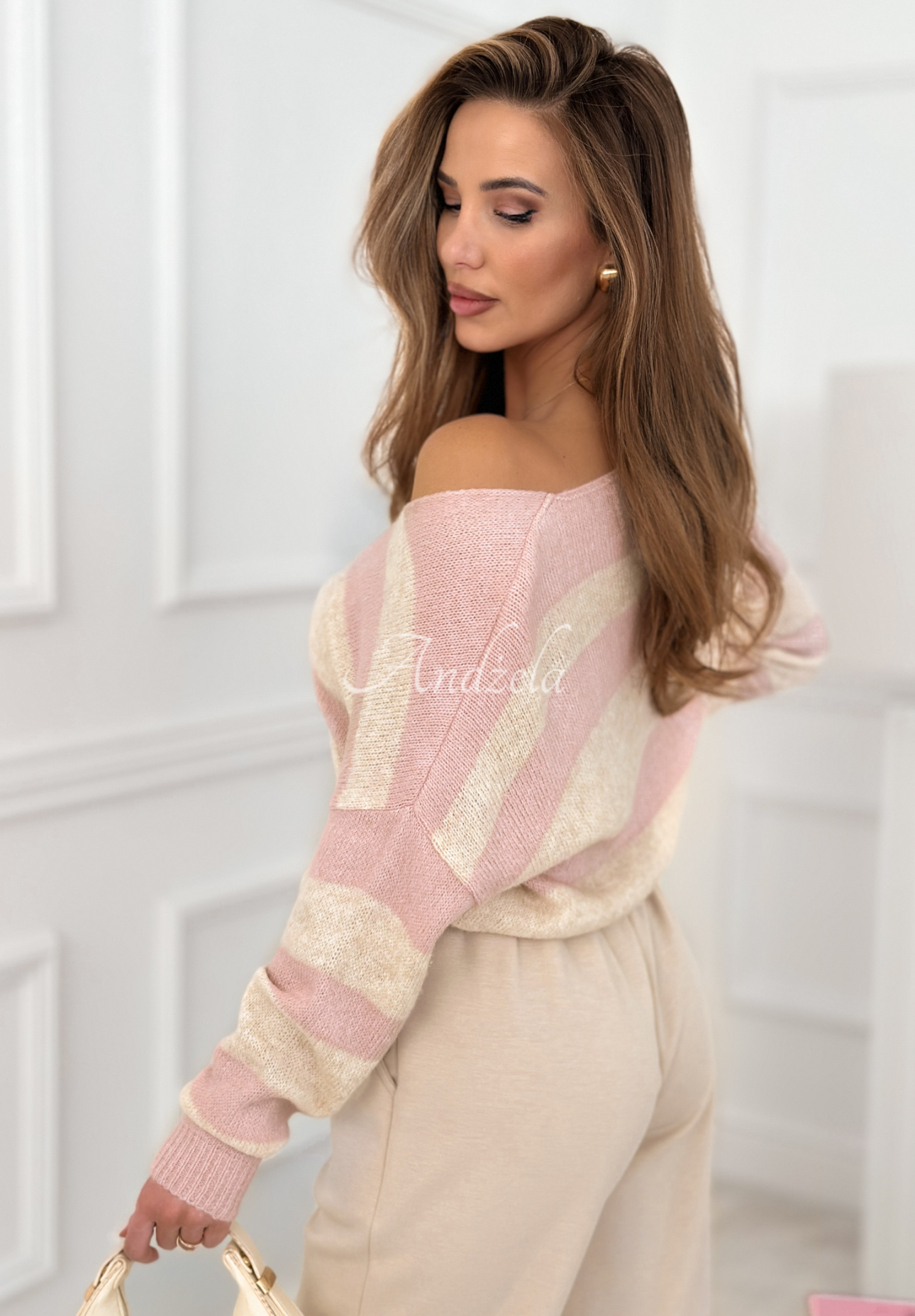Springtime Stripes beige and pink striped sweater with a neckline