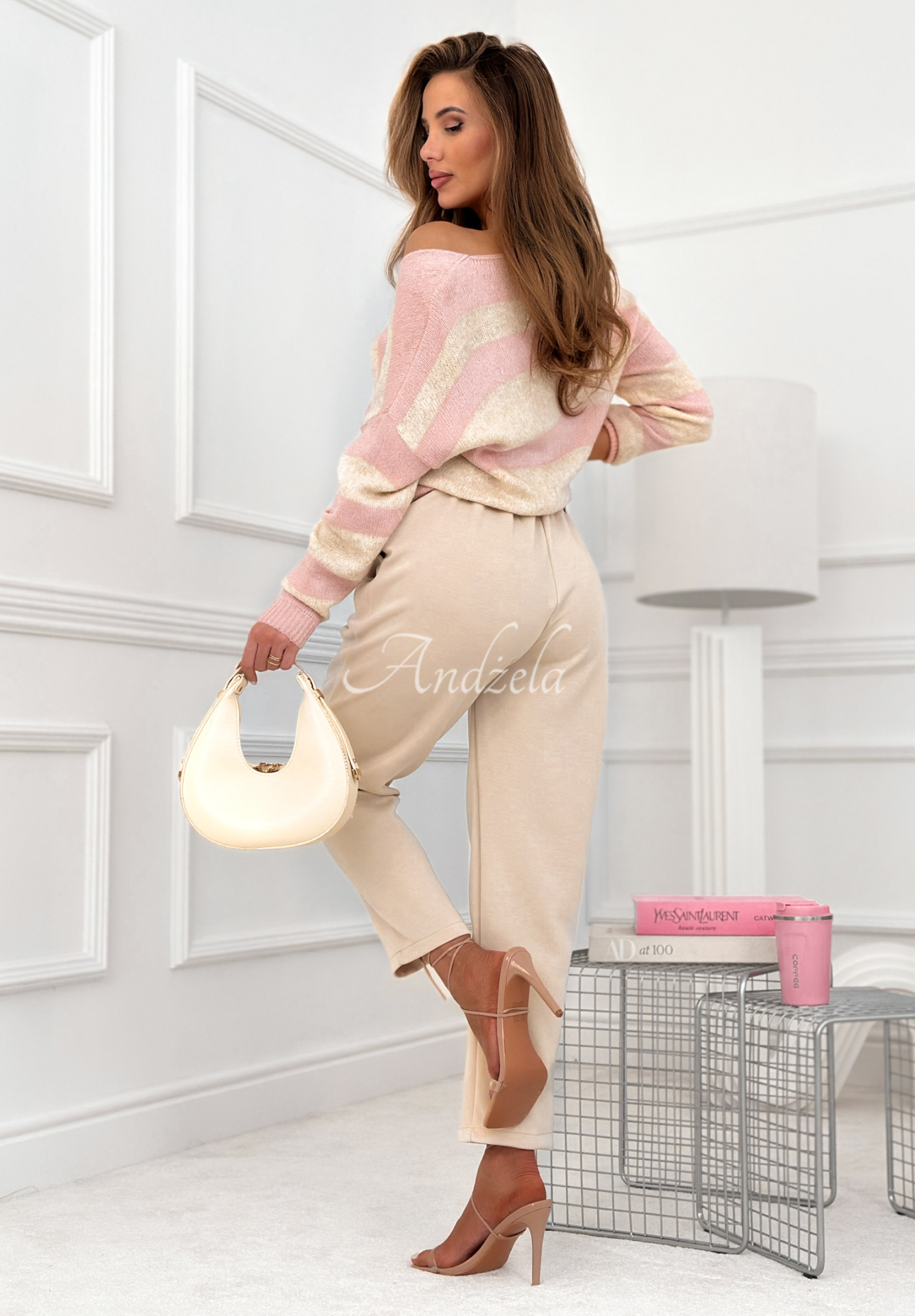 Springtime Stripes beige and pink striped sweater with a neckline