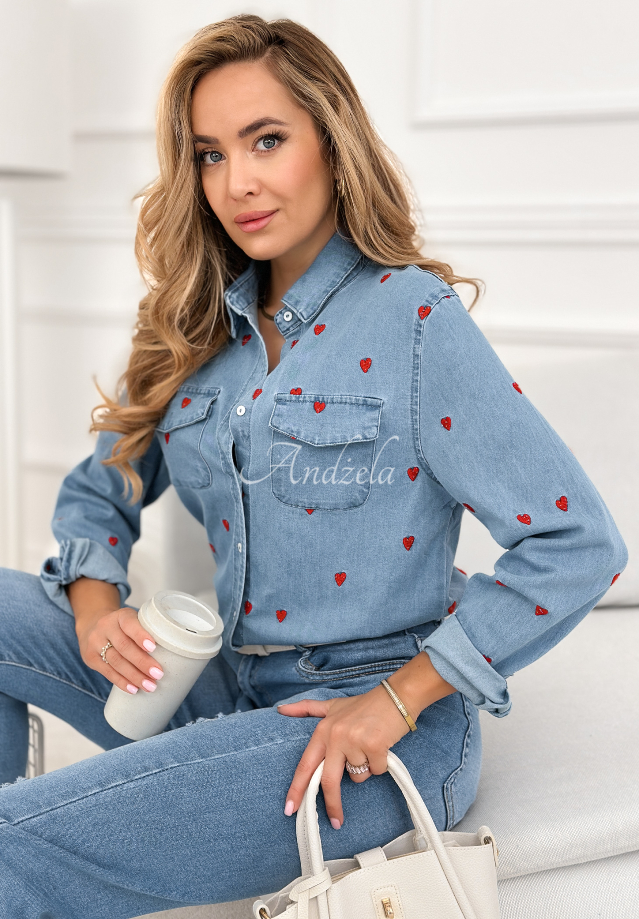 Holding My Heart blue cotton shirt with hearts