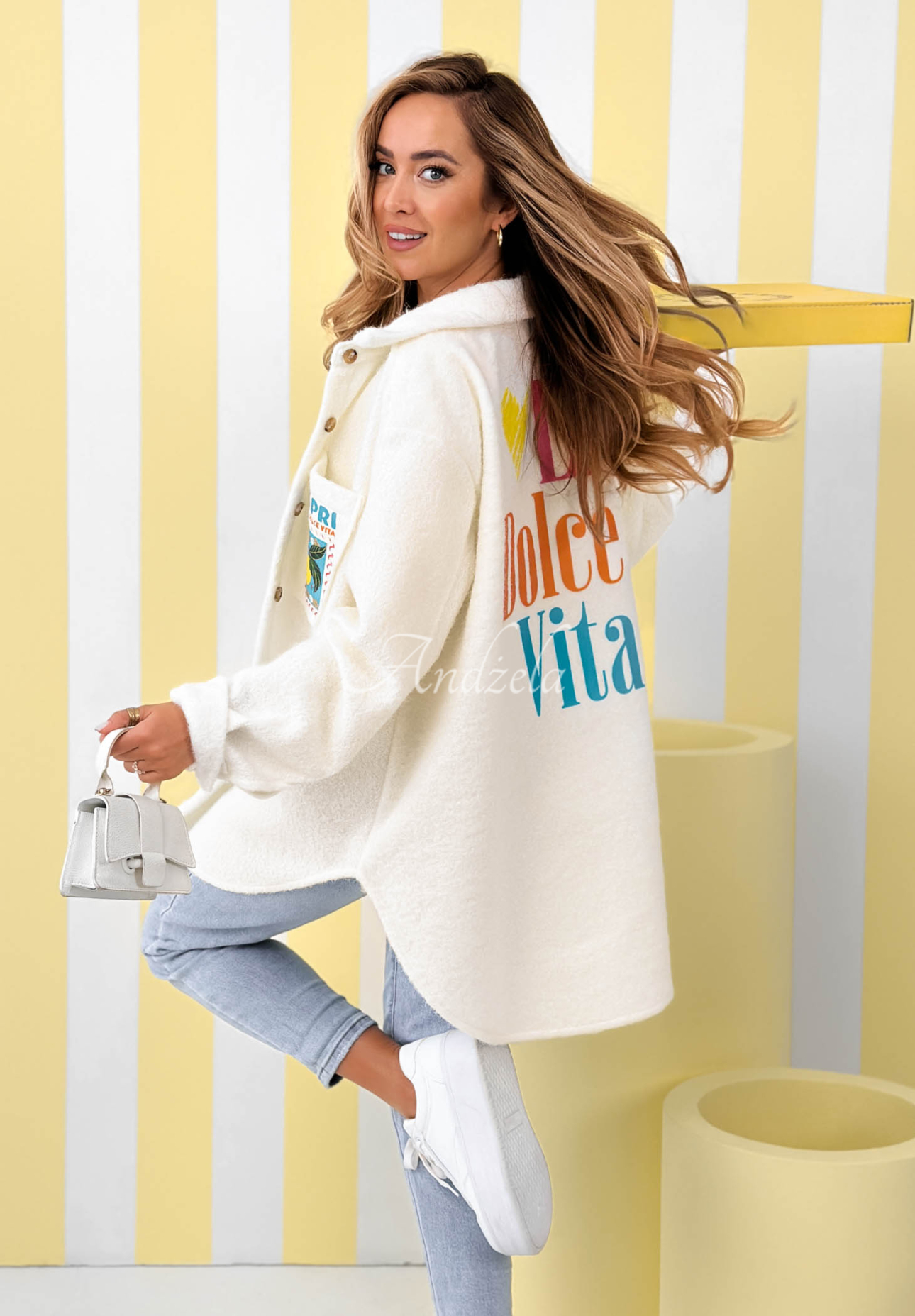 Kurtka kożuszek z nadrukami i wełną Capri Dolce Vita ecru