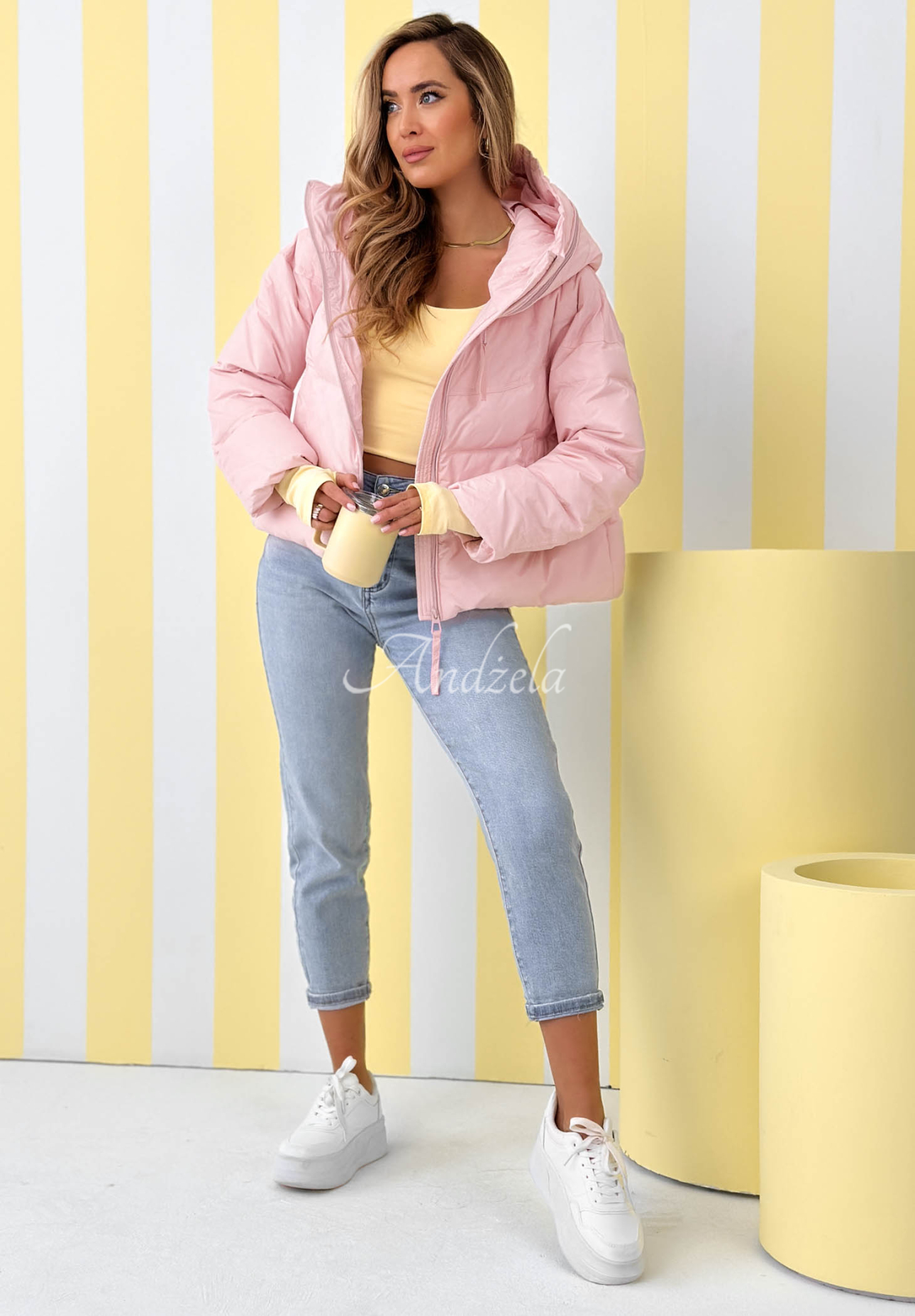 Must Believe powder pink short down jacket with hood