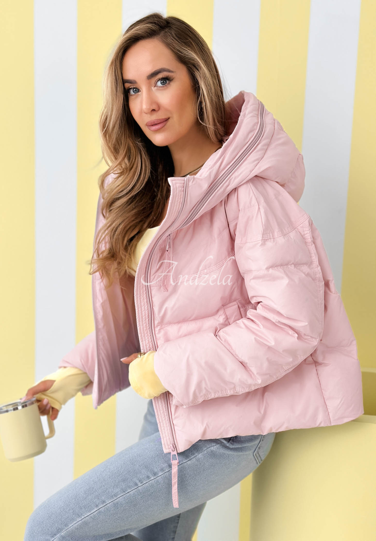 Must Believe powder pink short down jacket with hood