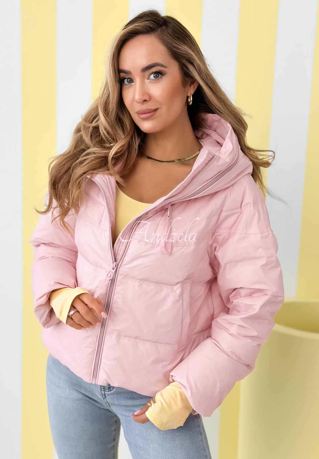 Must Believe powder pink short down jacket with hood