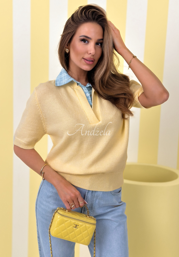 Wiskozowy sweter z koszulową wstawką Spring Wind ż&oacute;łty