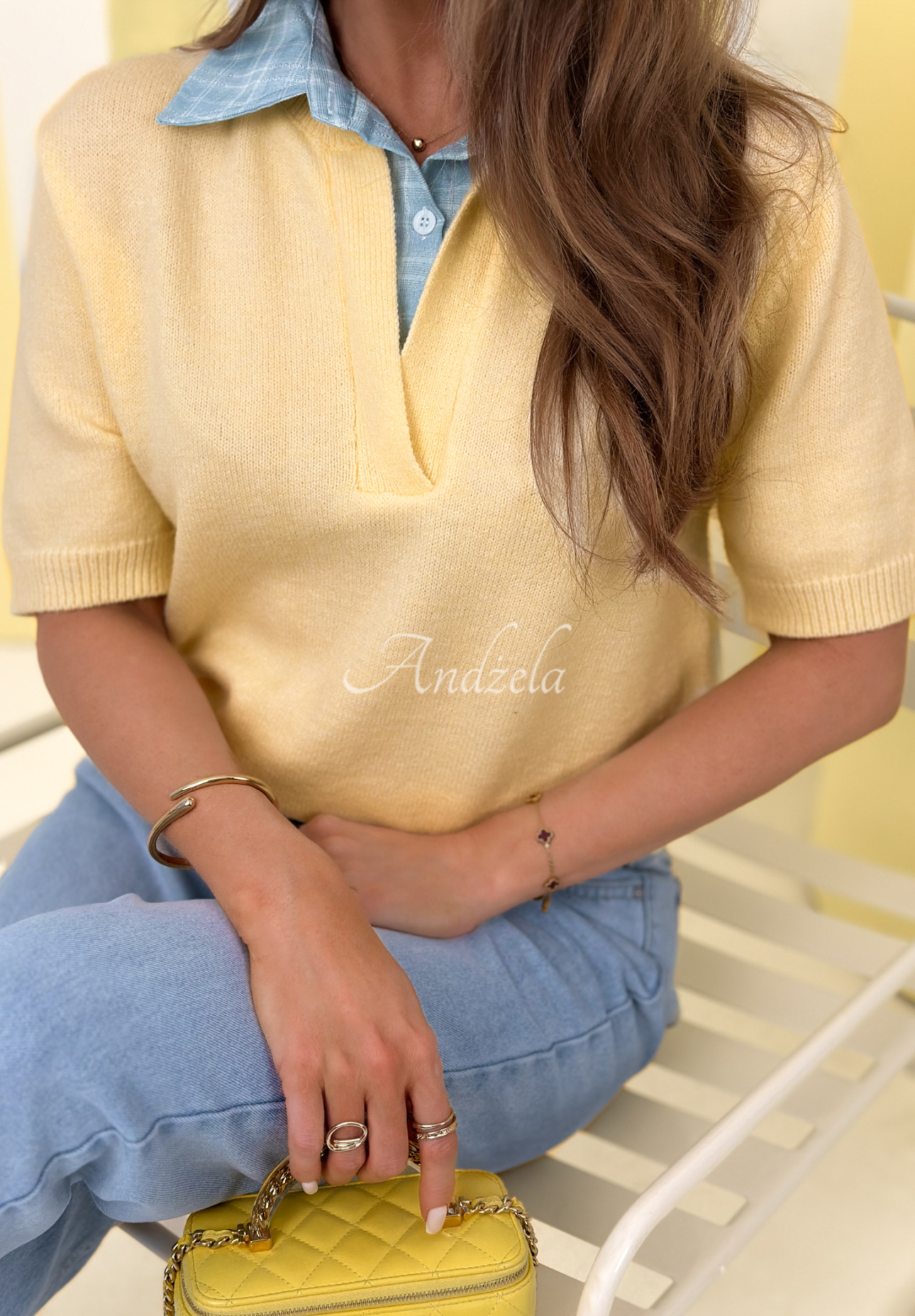 Wiskozowy sweter z koszulową wstawką Spring Wind żółty