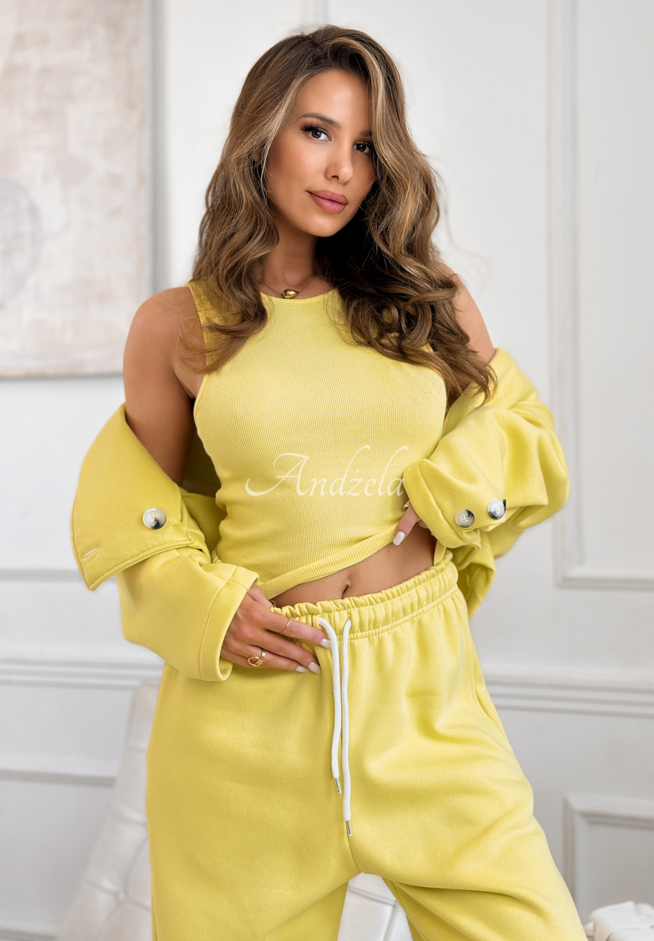 Cotton tracksuit set: jacket, pants, and 3-in-1 top Almost There lime green